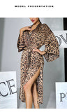 Sexy Leopard Print Satin Long Robe Women Flare Sleeve Tie Waist High Slit Loungewear Outerwear