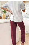 Autumn Winter Round Neck Short Sleeve Long Pants with Ribbed Stripes and Letter Heart Print Women's Pajamas Home Wear