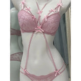 Boho Layered Lace Halter Bra Set - Hollow Out Bow Design Top, Inner Red Lace Up Bra, Summer Beach Two Piece Lingerie Set MOYISU