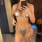 3 Colors New PU Faux Leather Halter Bikini Women Swimwear Female Swimsuit Bather Bathing Suit Swim Two-Pieces Bikini Set V6492B