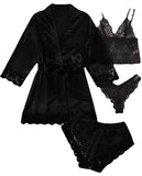 4pcs Women Striped Lingerie Set Lace Trim Robe Camisole Shorts Panties Nightwear Sleepwear Homewear Sexy Pajamas Outfit