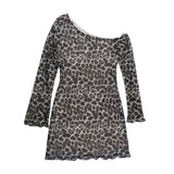 Spring Summer Off-Shoulder Sexy Leopard Print Long-Sleeve Dress European-Style Casual Backless Bell-Sleeve Mini Skirt Streetwear