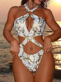 Sexy Tummy Cut Out Halter Women Thong Swimwear One Piece Swimsuit Female High Cut Monokini Rings Bathing Suit Swim Beach Wear