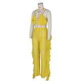 DEKAWomen Tassel Pants Knitted Bra Top Bikini Set Swimsuit Handemade Crochet Bikini Cover Up Tassel Beach Long Wrap Pant