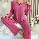 Women Autumn Winter Sleepwear Ribbed Pajamas Set Long Sleeve Top and Long Pants 2 Piece Set Casual Homewear Loungewear