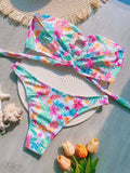 Ribbed Floral Printed Bandeau Bikini Women Swimwear Female Swimsuit Two-pieces Bikini Set High Cut Bather Bathing Suit Swim Lady