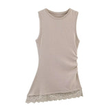 Women's Fashionable  Casual Pleated Lace Top Women Ruched Side Lace Trim Sleeveless Tank Top Casual Slim Fit Basic Tops 1JTD