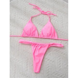 PU Pleated Ruched Bikinis Mini Micro Thong Bikini Women Swimwear Female Swimsuit Two-pieces Bikini Set Halter Bathing Suit Swim