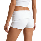 2026 Summer Women's Shorts Low Rise Solid Color Slim Fit Hot Pants with Metal Eyelet Fold-over Party Club Shorts Streetwear