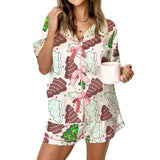 Women Christmas 2 Piece Pajamas Set Santa/Tree Print Tie Front Short Sleeve Tops and Shorts Satin Sleepwear Outfit