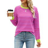 Autumn Winter Long Sleeve Basic T-Shirts Women Stripe Print Round Neck Casual Loose Fit Tunic Tops Streetwear