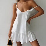 V Neck Summer Dress for Dating Women Dress Solid Color Flounce Edge Spaghetti Strap Women Party Dresses