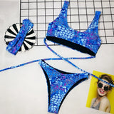Bikini 2026 Sexy Blue Snakeskin Print Bandage Swimwear Swimsuit Women Bikinis Set Bathing Suit Beach Bikini Female with Hairband