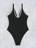 2026 V-neck Vintage Swimsuit One Piece Solid Slim Swimwear Women Bathers Bathing Swimming Swim Suit Female Beachwear