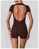 Butt Lifting One Piece Body Shaping Yoga Jumpsuit Women Short Sleeve Hollow Out Backless Bodycon Shorts Sports Suit Workout Wear