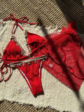 With Mesh Sarong Wrinkled Halter Shell Bikini Female Swimsuit Women Swimwear Three-pieces Bikini Set Bathing Suit Swim Beachwear