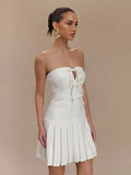 Bowknot Off Shoulder Strapless Party Short Dress for Women 2025 Elegent Lady White Pleated Mini Vestidos Female Backless Dress