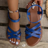 Summer New Sandals Fashion Cross Women's Flat Bottom Roman Beach Solid Color Elastic Mouth Women's Shoes Versatile