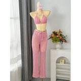 With Pants Striped Halter Bikini Female Swimsuit Women Swimwear Three-Pieces Bikini Set Brazilian Bather Bathing Suit Swim V7838