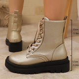 Golden Lace Up Ankle Boots Women Pu Leather Wedges Boots for Woman Spring Autumn Thick Bottom Plus Size 36-43 Booties Female