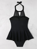 2026 Halter String Solid Swimsuit One Piece Sexy Black MeshSwimwear Women Bathing Suit Female Swimming Summer Beachwear Bodysuit