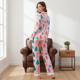 Women's Satin Christmas Pajama Sets Fashionable Printed Button Down Ruffle Tops with Pants 2 Pieces Soft Sleepwear