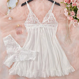 2 Pcs Set Sexy Lingerie Set Women Deep V Slip Dress Thong Erotic Bra Panty Sets Lace Nightdress Transparent Soft Nightgown