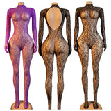 Hot Sexy Lingerie Erotic Crotchless Women Mesh Hollow Bodystockings Full Sleeve Leopard  Sling Hanging Neck Underwear Body Suits