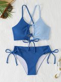2026 Drawstring Triangle Bikini Women Sexy Color Block Swimwear Female Strappy Swimsuit Bathers Bathing Swimming Swim Suit