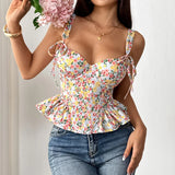 Spring Summer Lace Up Pink Floral Print Fishbone Corset with Folded Waist Ruffled Edges Cotton Suspender Vest for Women 2026