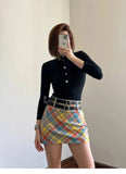 Plaid Double Waistband A-line Short Skirt  Women American Style Street High Waist Casual Collision Color Wrap Hip Skirt OJR7