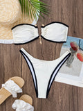DEKA Solid BandeauU Ring Bikini High Waist Swimsuit Women Tie Side Shiny Metal Hardware Ring Bandeau Swimwear Padded Bra Top