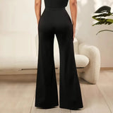 2026 Women's Solid Color Lace Spliced   Flare Pants Trousers