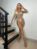 Women Rainbow Fishnet Bodysuit, Long Sleeve Crotchless Sheer Hollow Lingerie