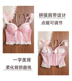MOYISU Rhinestone Lace Corset Bra Set Pink Halter Bustier Slim-Fit Waist Trainer Sexy Lingerie for Women Party Wedding Outerwear
