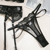 Embroidery Lingerie 3Pcs Sets Ultrathin Mesh Patchwork See Through Bras And Thongs Garter Suits Erotic Intimate Sexy Underwear
