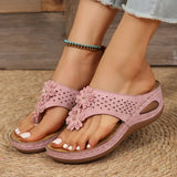 Pink Flower Wedge Heel Flip Flops Women Summer Massage Sole Clip Toe Platform Slippers Woman Light Thick Bottom Beach Sandals