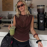 FDYOUI Elegant Lace Patchwork Tank Tops 2026 Summer See-through Sleeveless T-shirt Ladies Folds Slim Corset Crop Top High Street