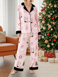 Women's Christmas Pajamas Set Long Sleeve V Neck Stocking Tree Print Tops and Pants Lounge Wear Two Pieces Suits