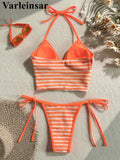 Striped Halter Tankini V Neck Bikini Women Swimwear Female Swimsuit Two-Pieces Bikini Set Padded Bather Bathing Suit Swim V8385