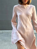 Ahagaga Fashion Women Dresses Solid Casual O-Neck Regular Long Full Sleeves Sheath Bodycon Basic Slim Fit Female Vestidos Robes