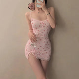 Summer Cherry Pattern Printed Nightgown Suspender Pink Women's Sleep Dress