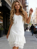 Women's Casual Sleeveless Tulle Lace Hem Midi Dress Fashion Summer Solid Color Beach Party Dresses