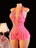 Adult Erotic Bodysuit Lace Hanging Collar Deep V-neck Semi Transparent Women Sexy Lingerie Crotchless Hot Underwear