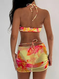 3D Floral Halter Bandeau Bikinis 2026 Padded Swimsuit Women 3 Pieces Swimwear Female Bather Bathing Swimming Swim Suit Beachwear