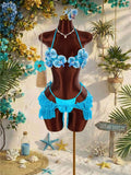 Vintage Blue 3D Floral Bikinis Sets Women Mesh Ruffle Skirt 3 Piece Swimsuit 2026 Sexy Push Up Bra Bathing Suit Holiday Swimwear