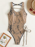 2026 Print Lace Up Back Swimsuit One Piece Solid Swimwear Women Bathing Swimming Suit Female Padded Summer Beachwear Bodysuit