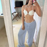 Women's trousers, fashionable and versatile, solid color, drawstring straight trousers, beach sun protection trousers