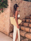 Ruched Bandeau Swimsuit Strapless 3 Piece White Bubble Bikini Sets White High-Cut Maxi Skirt Swimswear Luxury Beach Outfit K264