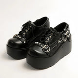 New Arrival Gothic Black Rivets Platform Creepers Shoes White Chain Decor Goth Creepers Chunky Lace Up Lolita Casual Shoes